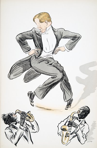 Gentleman in tails and white tie dances to two musicians playing saxophone, from White Bottoms, pub. 1927 by Sem